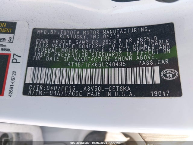 Toyota CAMRY SE 2016 4T1BF1FK6GU240495 Image 9