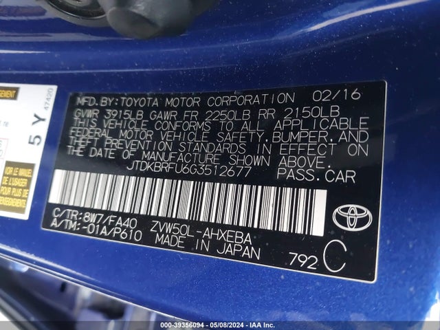 Toyota Prius Two 2016 JTDKBRFU6G3512677 Image 9