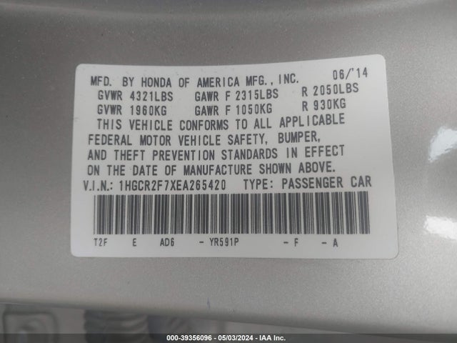 Honda ACCORD EX 2014 1HGCR2F7XEA265420 Image 9
