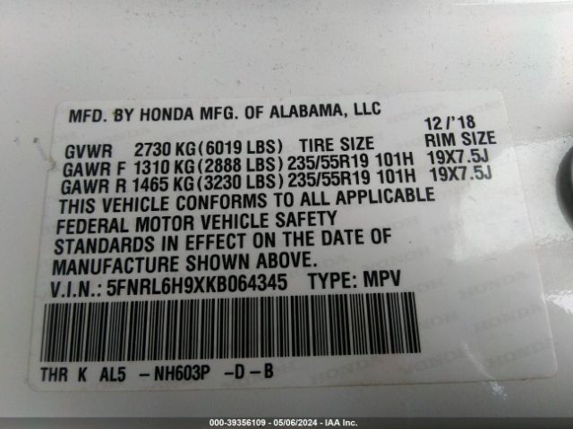 5FNRL6H9XKB064345 Honda Odyssey Elite