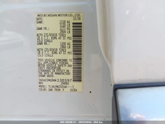 Nissan MURANO S 2017 5N1AZ2MG8HN130597 Image 17