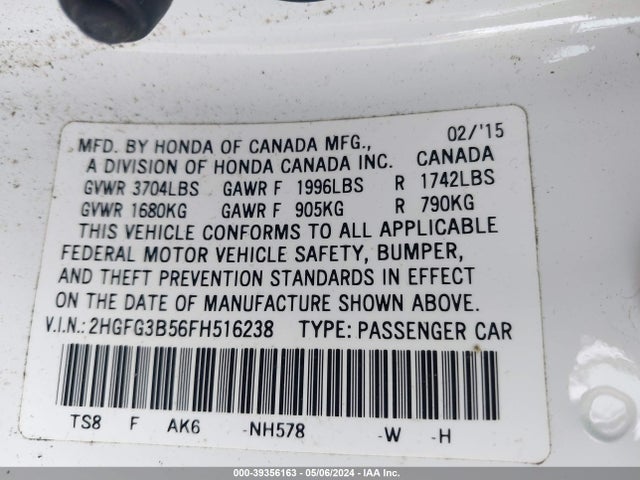 Honda Civic Lx 2015 2HGFG3B56FH516238 Image 9