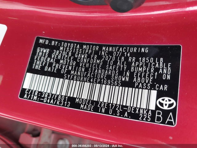 Toyota COROLLA L 2014 5YFBURHE4EP169565 Image 9