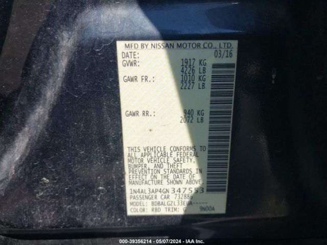 1N4AL3AP4GN347553 Nissan Altima 2.5/2.5 S/2.5 Sl/2.5 Sr/2.5 Sv