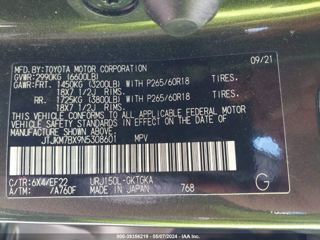 JTJKM7BX9N5308601 Lexus 460