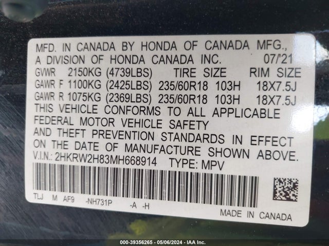 Honda Cr-v Awd Ex-l 2021 2HKRW2H83MH668914 Image 9