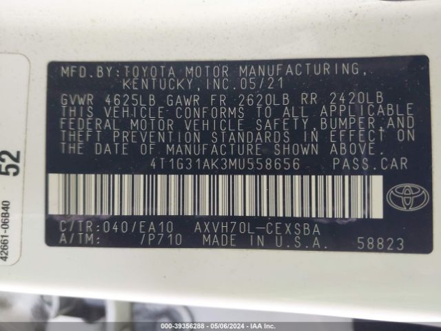 4T1G31AK3MU558656 Toyota Camry Se Hybrid