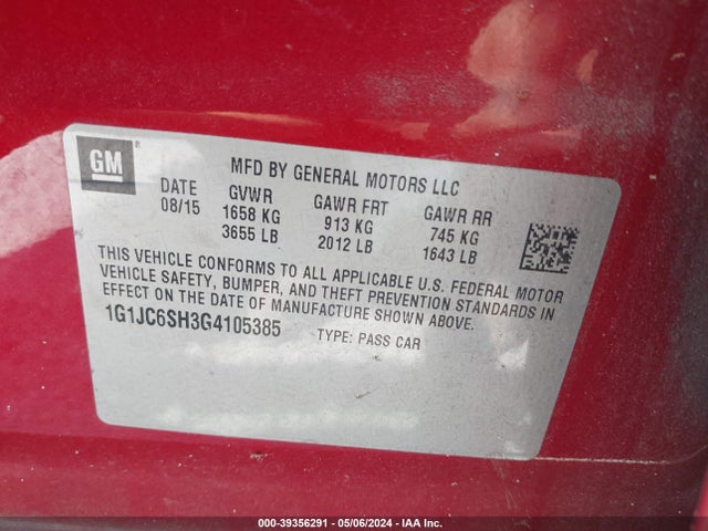 Chevrolet Sonic Lt Auto 2016 1G1JC6SH3G4105385 Image 9