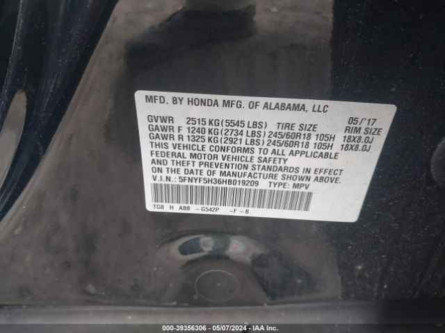 5FNYF5H36HB019209 Honda Pilot Ex