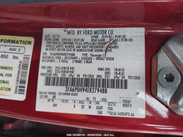 Ford FUSION SE 2014 3FA6P0H94ER279488 Image 9