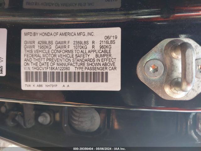 2019 HONDA ACCORD 1HGCV1F18KA122060 Photo 8
