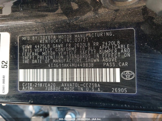 Toyota CAMRY SE 2021 4T1G11AK4MU449838 Image 9