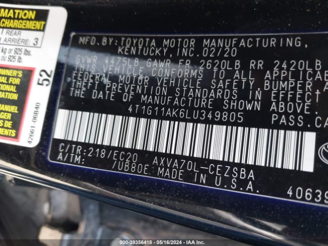 4T1G11AK6LU349805 Toyota Camry Se Nightshade Edition