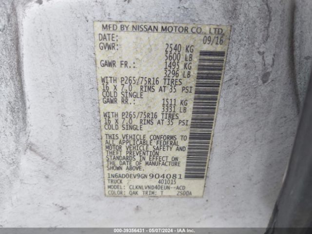 1N6AD0EV9GN904081 Nissan Frontier Pro-4x