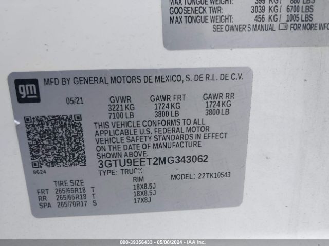 3GTU9EET2MG343062 GMC Sierra 1500 4wd  Short Box At4