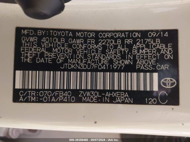 Toyota Prius Two 2015 JTDKN3DU7F0411977 Image 9