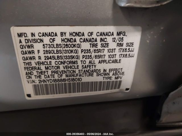 2006 ACURA MDX 2HNYD18886H518010 Photo 8