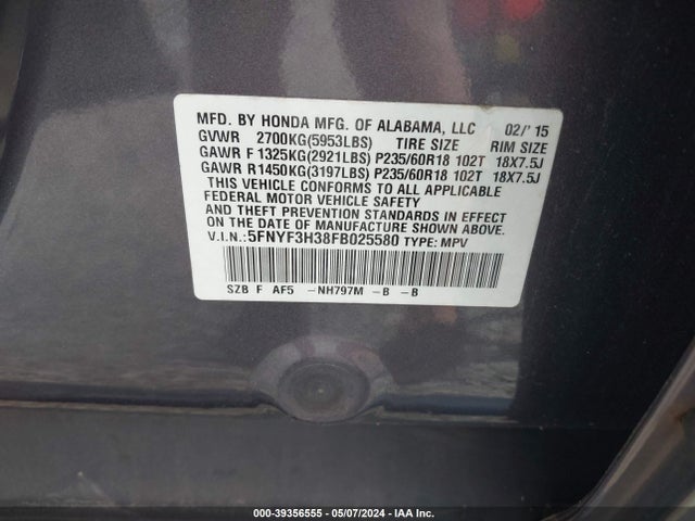 Honda PILOT SE 2015 5FNYF3H38FB025580 Image 9