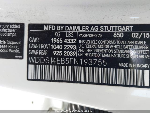 WDDSJ4EB5FN193755 Mercedes-Benz CLA 250