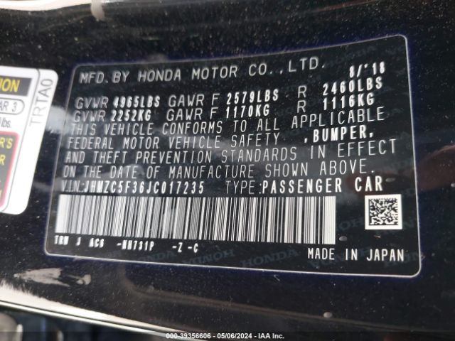 JHMZC5F36JC017235 Honda Clarity Plug-in Hybrid Touring