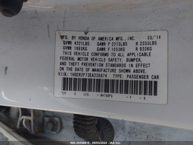 Honda ACCORD EX 2014 1HGCR2F73EA236874 Image 9