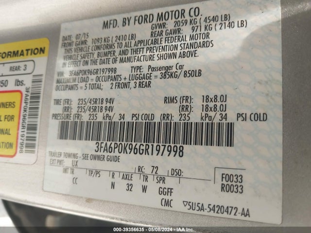 Ford Fusion Titanium 2016 3FA6P0K96GR197998 Image 9