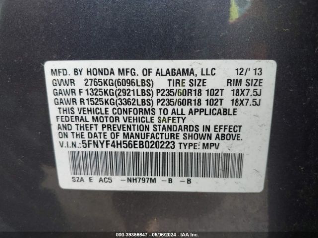 5FNYF4H56EB020223 Honda Pilot Ex-l