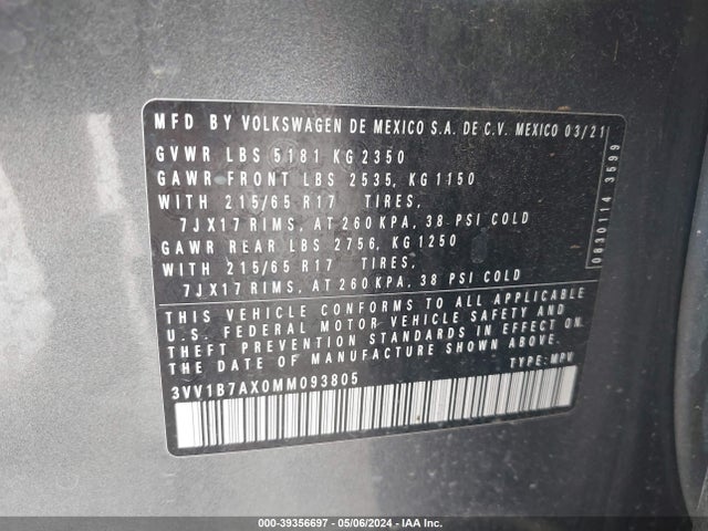 3VV1B7AX0MM093805 Volkswagen Tiguan 2.0t S