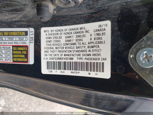 Honda CIVIC EX 2015 2HGFG3B80FH501888 Image 9