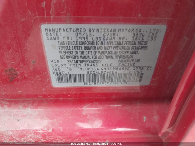 Nissan SENTRA SR 2015 3N1AB7AP9FY342339 Image 9
