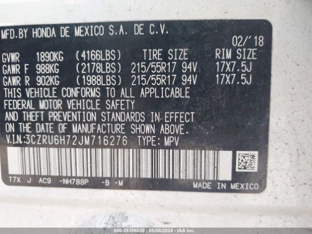 3CZRU6H72JM716276 Honda Hr-v Ex-l