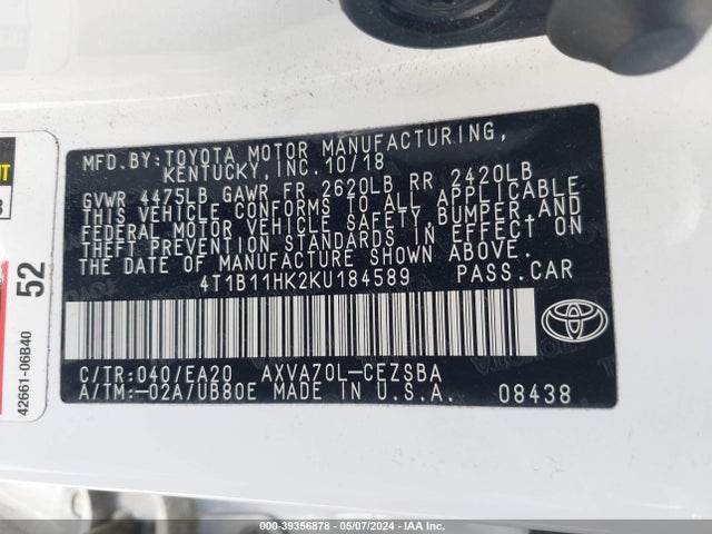 Toyota CAMRY SE 2019 4T1B11HK2KU184589 Image 9
