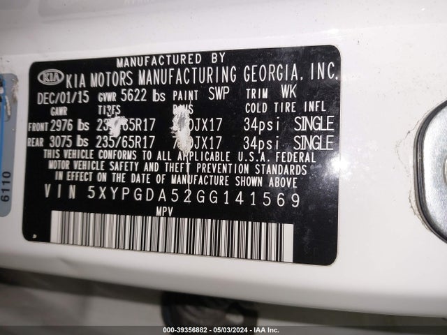 KIA Sorento 3.3l Lx 2016 5XYPGDA52GG141569 Image 9