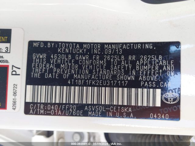 4T1BF1FK2EU317117 Toyota CAMRY SE