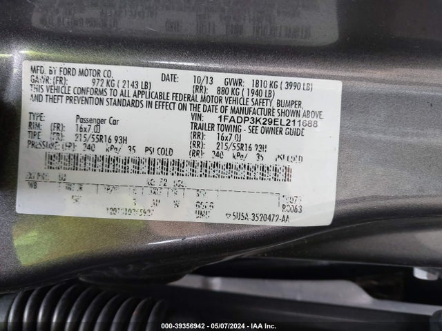 Ford FOCUS SE 2014 1FADP3K29EL211688 Image 9