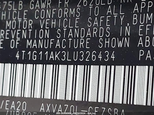Toyota CAMRY SE 2020 4T1G11AK3LU326434 Image 9