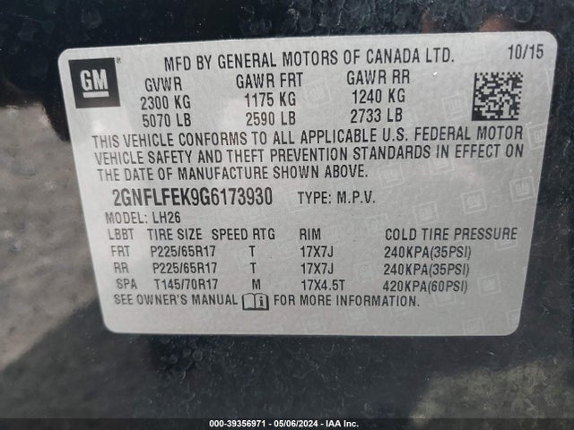 Chevrolet EQUINOX LT 2016 2GNFLFEK9G6173930 Image 9