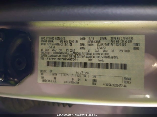 Ford F-150 Raptor 2017 1FTFW1RG7HFA87001 Image 9
