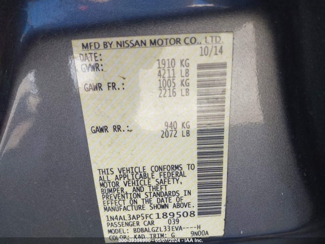 Nissan Altima 2.5 S 2015 1N4AL3AP5FC189508 Image 9