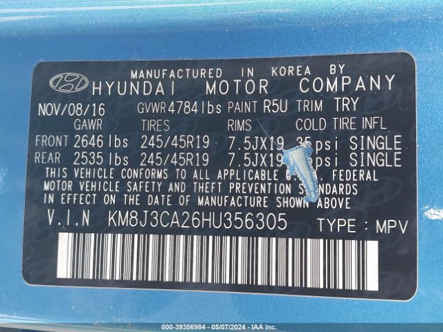 KM8J3CA26HU356305 Hyundai Tucson Limited