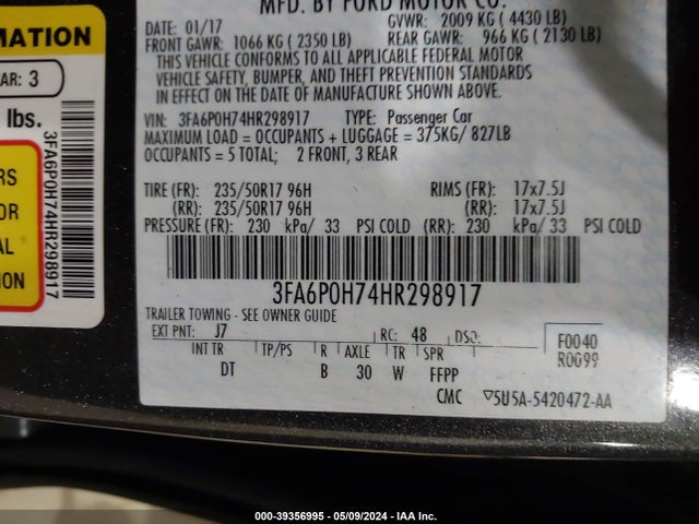 Ford FUSION SE 2017 3FA6P0H74HR298917 Image 9