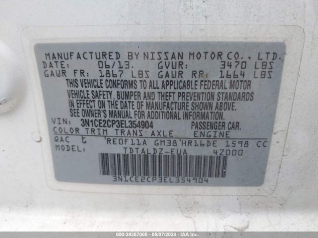 3N1CE2CP3EL354904 Nissan Versa Note Sv