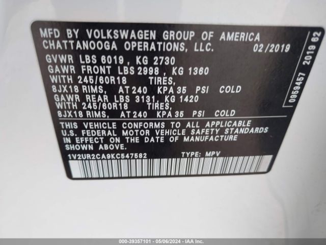 1V2UR2CA9KC547582 Volkswagen Atlas 3.6l V6 Se W/technology