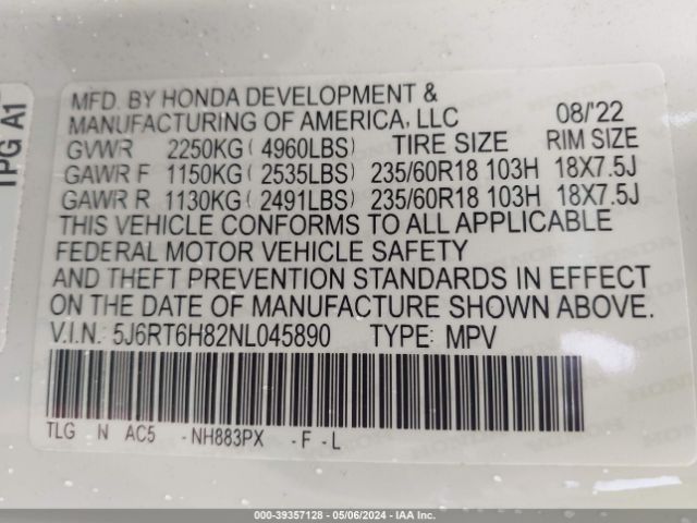5J6RT6H82NL045890 Honda Cr-v Hybrid Ex-l