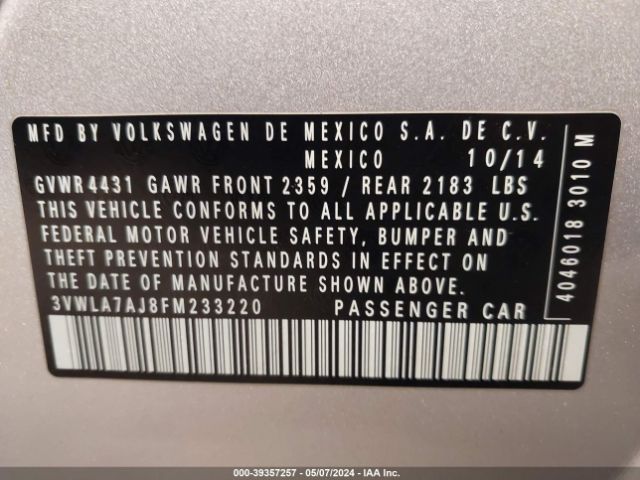 3VWLA7AJ8FM233220 Volkswagen Jetta 2.0l Tdi Se