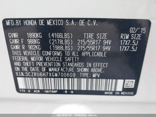 3CZRU6H7XGM700609 Honda Hr-v Ex-l