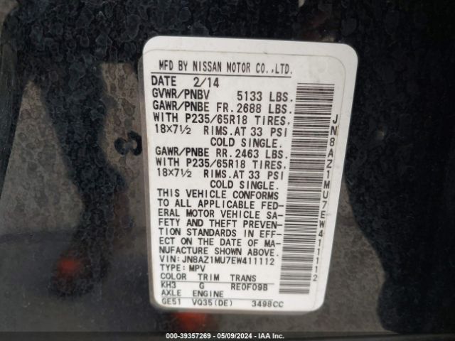 JN8AZ1MU7EW411112 Nissan Murano Le/s/sl/sv