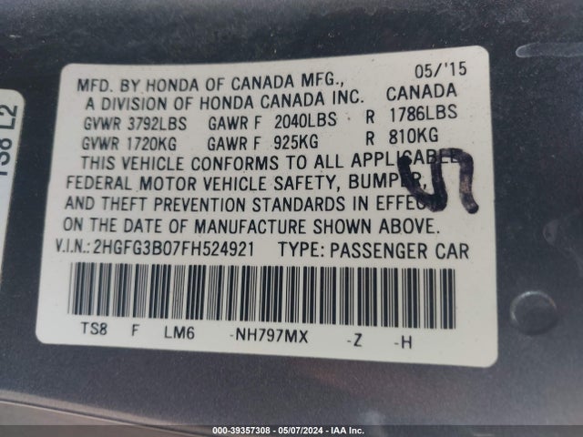 Honda Civic Ex-l 2015 2HGFG3B07FH524921 Image 9