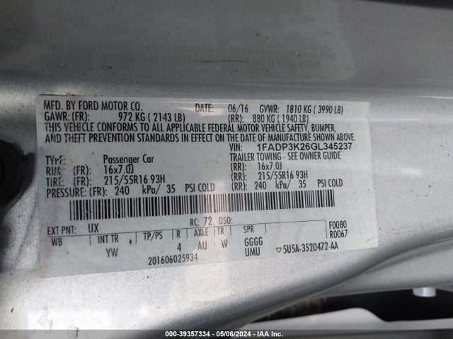 Ford FOCUS SE 2016 1FADP3K26GL345237 Image 9