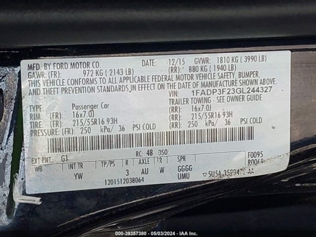1FADP3F23GL244327 Ford FOCUS SE